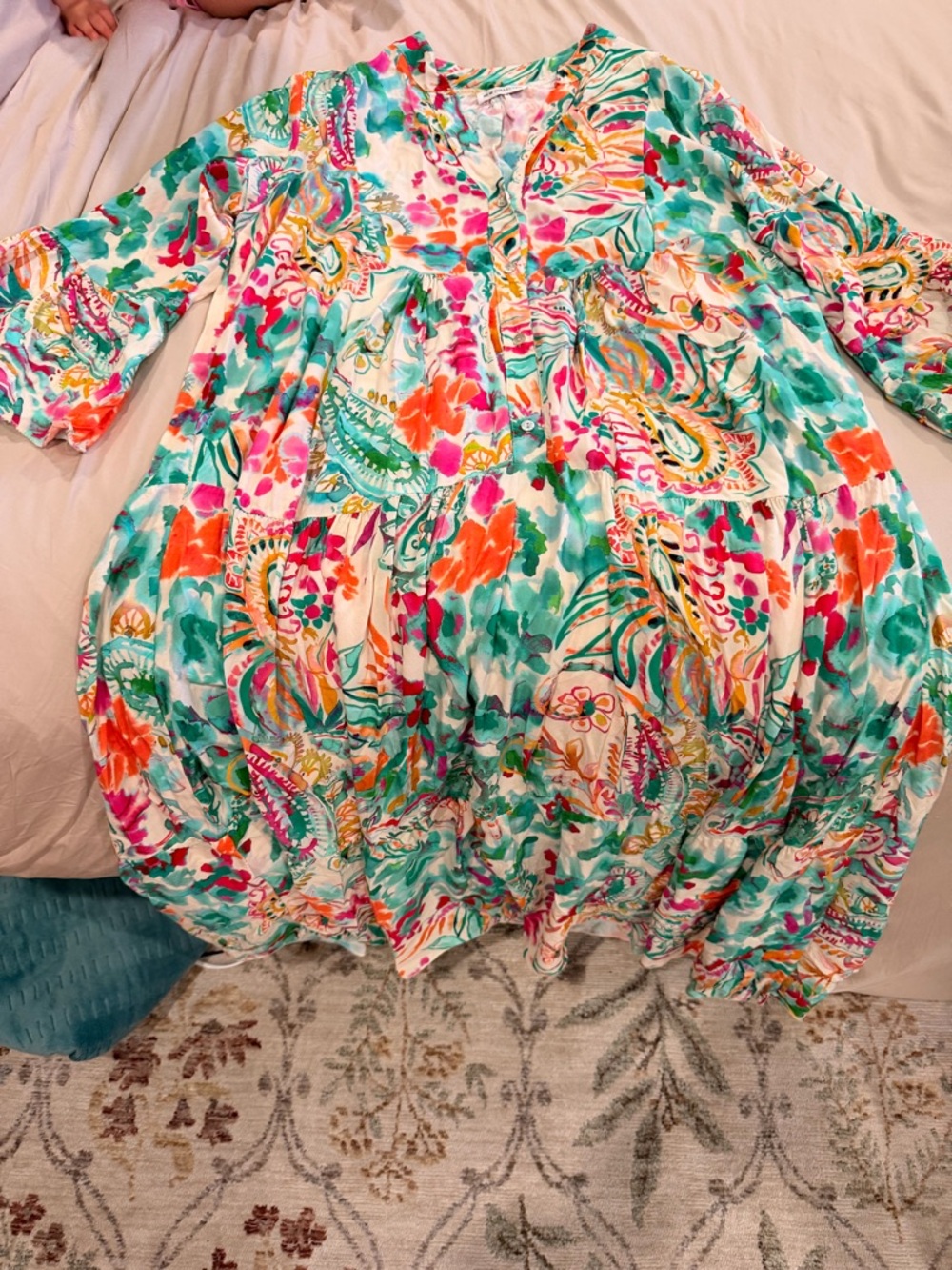 Vibrant Floral Cotton Button-Front Women’s Maxi Flowy Dress- Turquoise & Coral